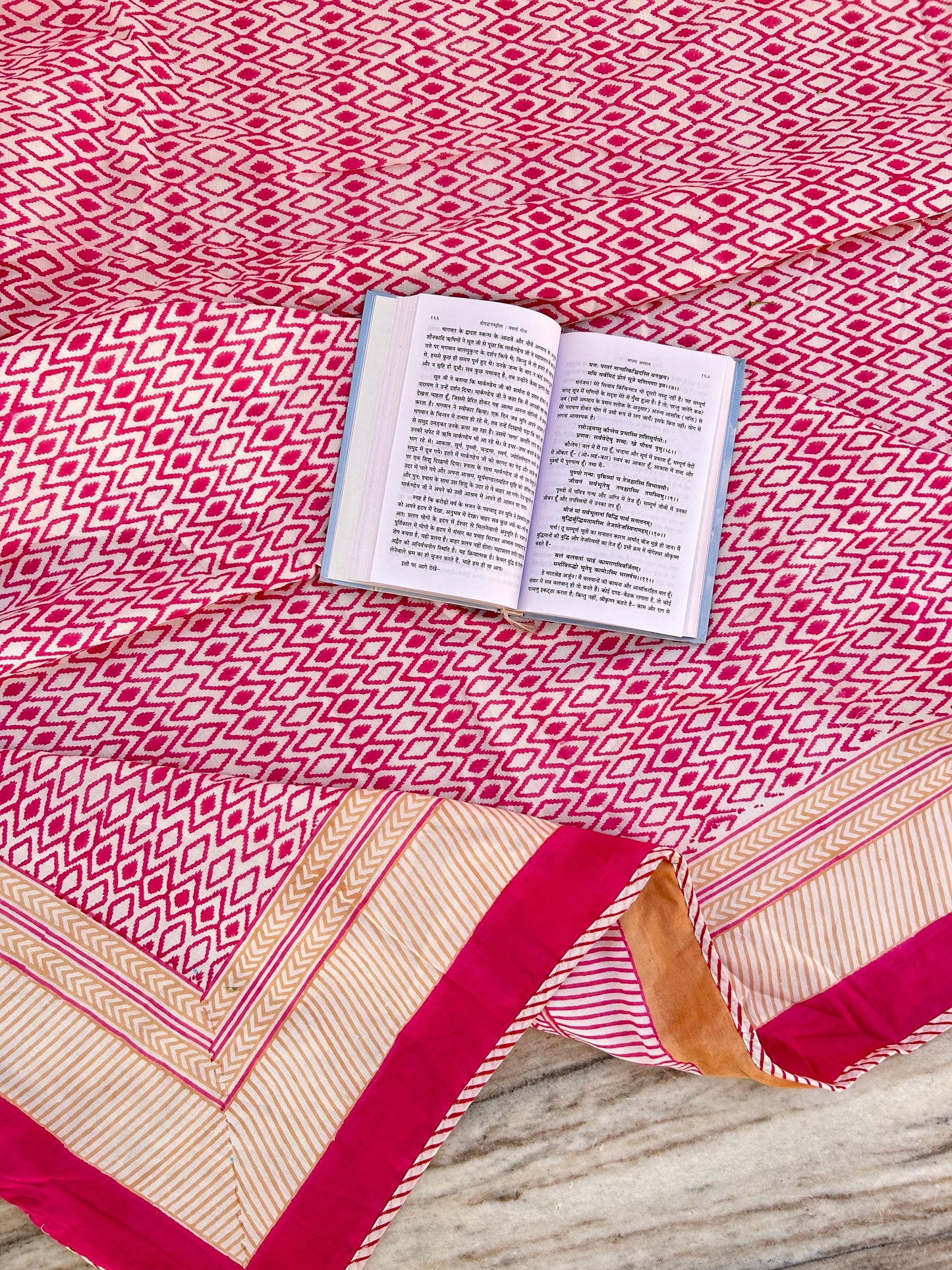 Hand Block Print Queen Quilt: Indian Kantha Cotton Bedspread