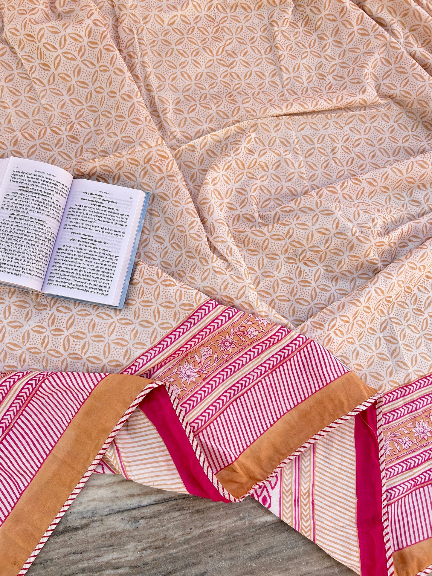 Hand Block Print Queen Quilt: Indian Kantha Cotton Bedspread