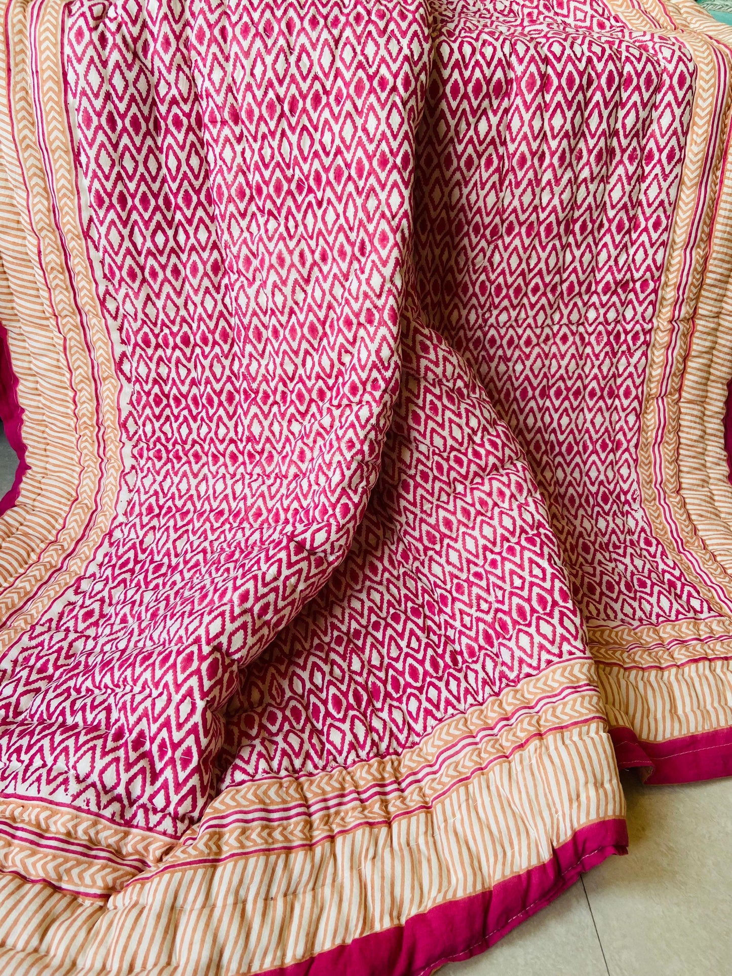 Hand Block Print Queen Quilt: Indian Kantha Cotton Bedspread