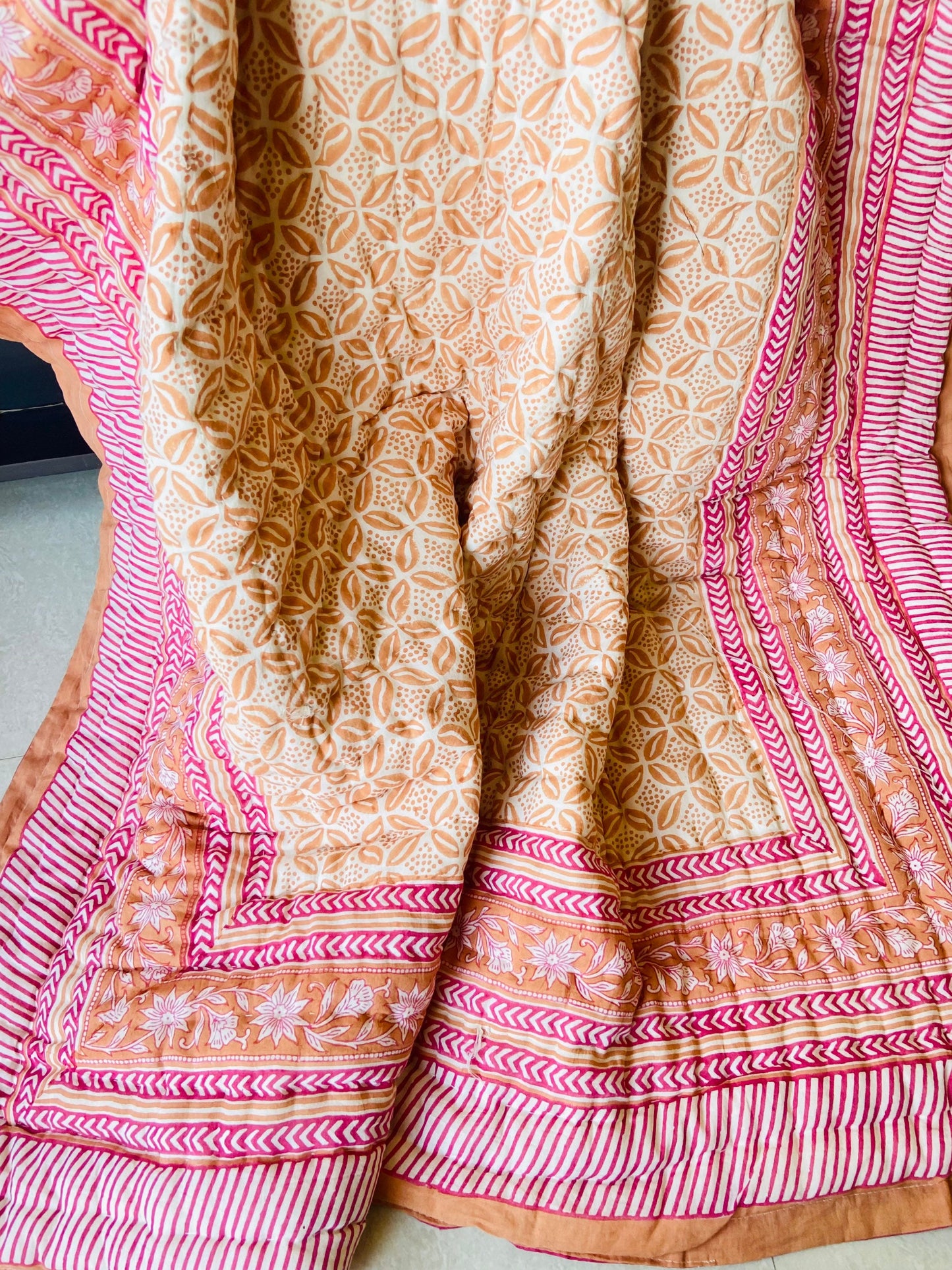 Hand Block Print Queen Quilt: Indian Kantha Cotton Bedspread