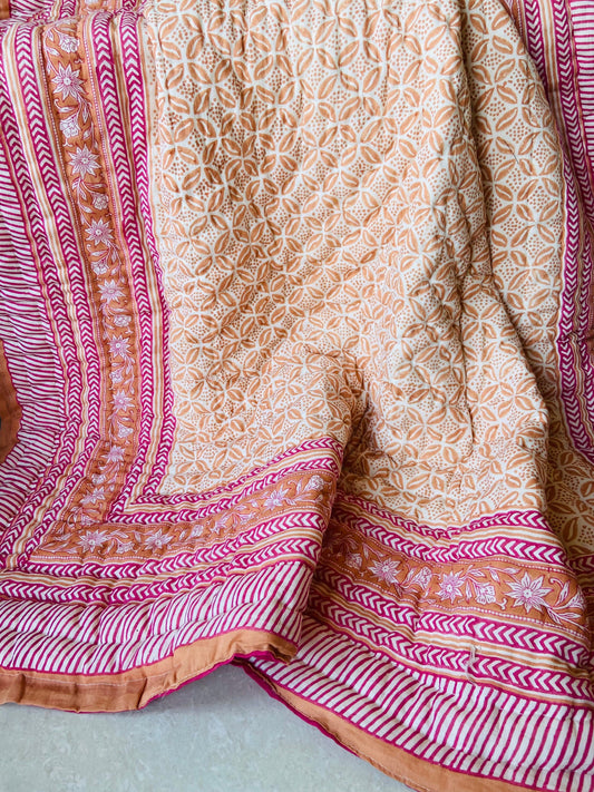 Hand Block Print Queen Quilt: Indian Kantha Cotton Bedspread