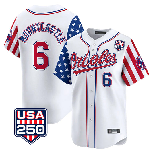 Baltimore Orioles #6 Ryan Mountcastle Player White USA 250 Independence Day Vapor Premier Home Game Stitched Baseball Jersey