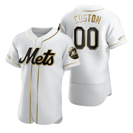 Custom New York Mets White Stitched Flex Base Golden Edition Baseball Jersey HELVY