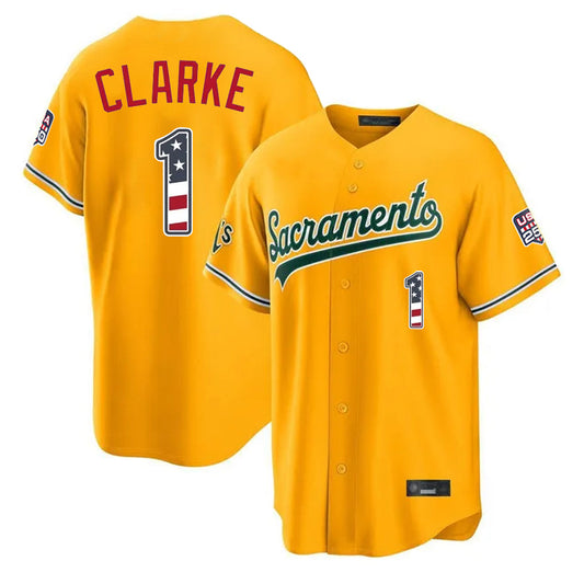 Oakland Athletics #1 Denzel Clarke Player Gold USA 250 Fourth of July Home Game Stitched Baseball Jersey
