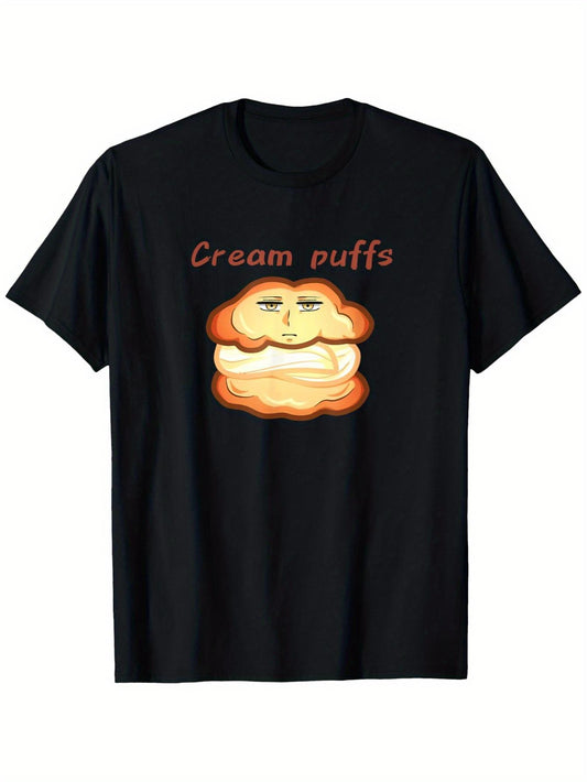 Funny Cream Puffs Meme Face And Pastry Lover Graphic T-Shirt for Men - 100% 180Gsm Heavyweight Casual Round Neck Short Sleeve Tee with Funny Foodie Design, S-XXXL Sizes for Year-Round Wear - Ideal Gift for Dessert Enthusiasts