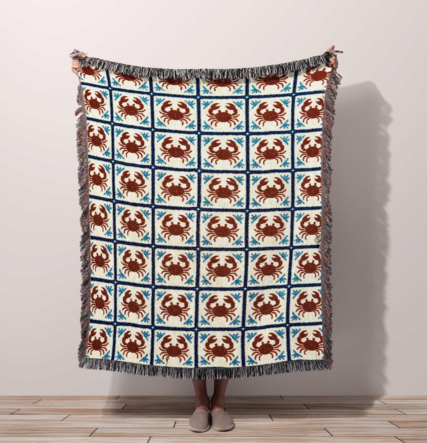 Coastal Crab Woven Throw Blanket, Nautical Tapestry Wall Art, Fisherman Core Decor