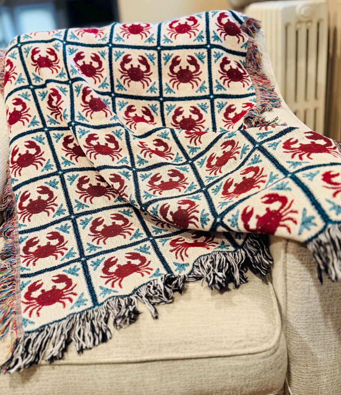 Coastal Crab Woven Throw Blanket, Nautical Tapestry Wall Art, Fisherman Core Decor