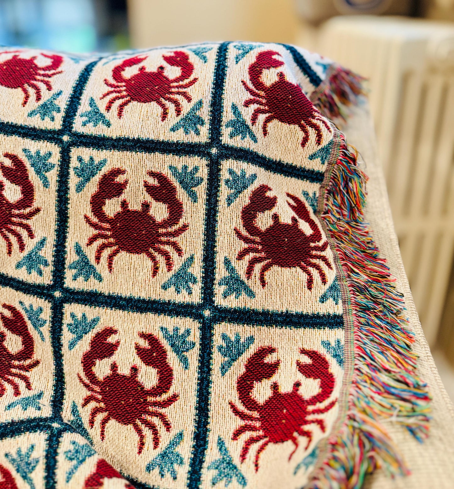Coastal Crab Woven Throw Blanket, Nautical Tapestry Wall Art, Fisherman Core Decor