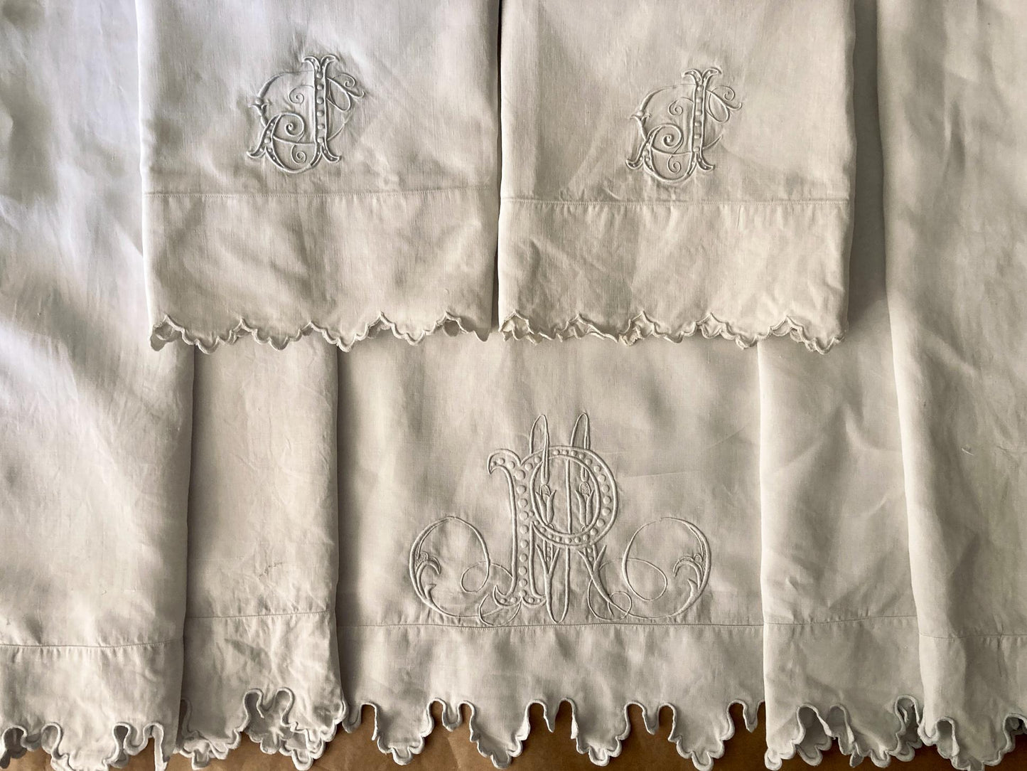 Antique French King Size Linen Bedding Set Hand Embroidered Whitework Richelieu Bridal Trousseau Linen