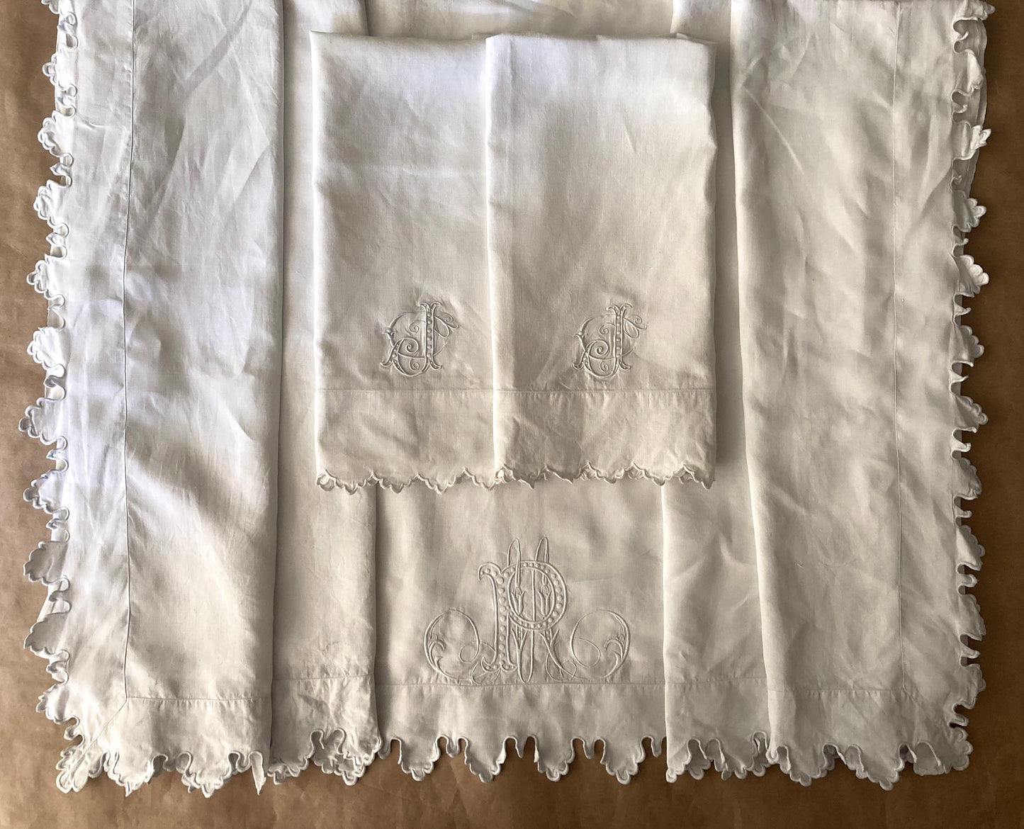 Antique French King Size Linen Bedding Set Hand Embroidered Whitework Richelieu Bridal Trousseau Linen