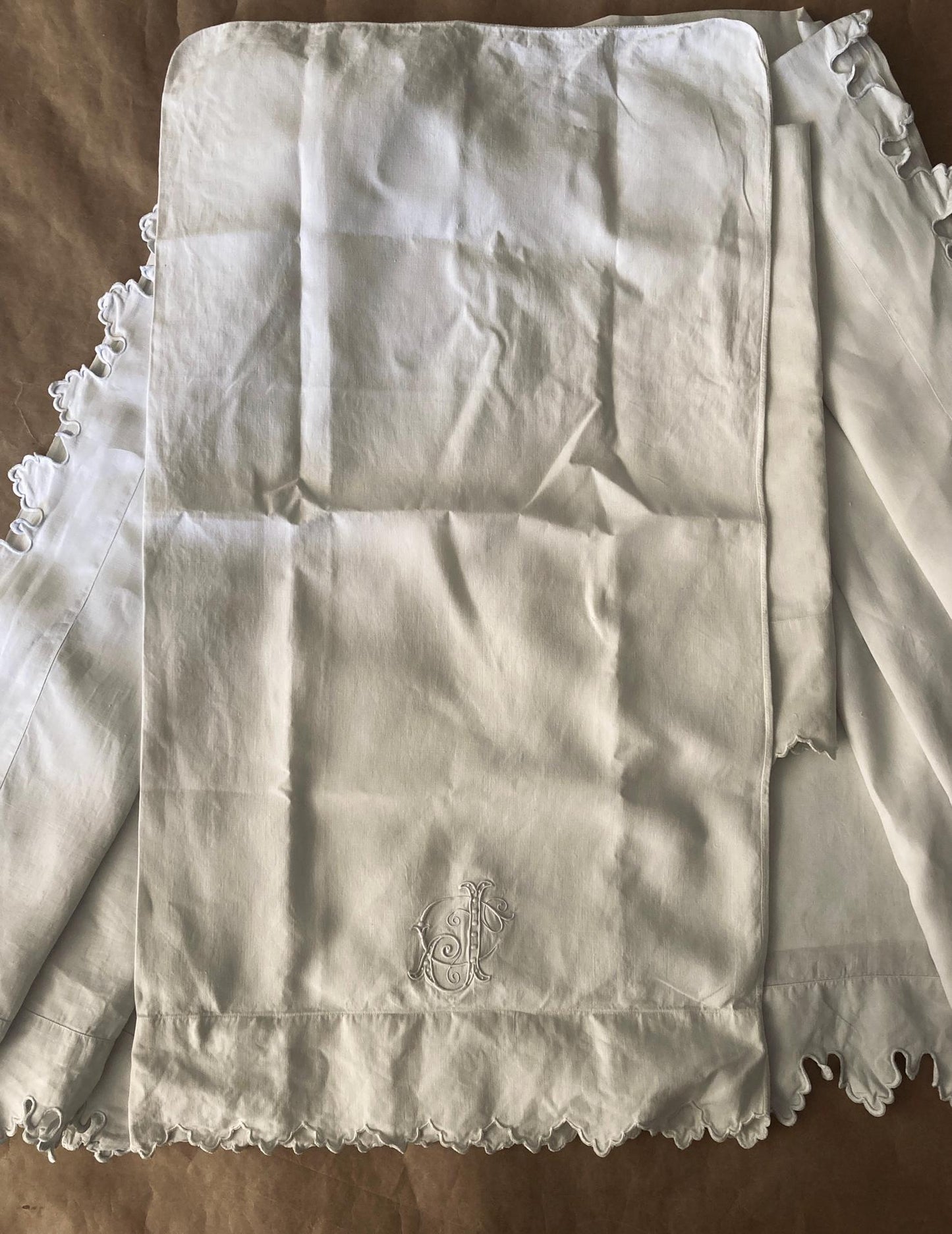 Antique French King Size Linen Bedding Set Hand Embroidered Whitework Richelieu Bridal Trousseau Linen