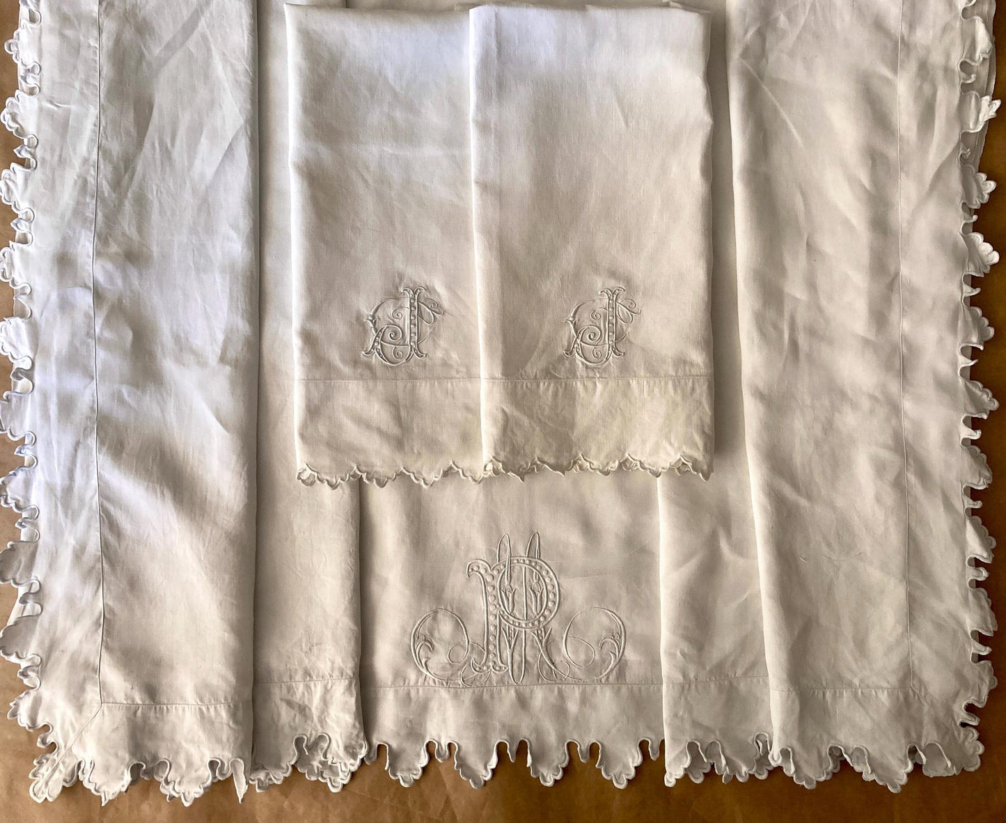 Antique French King Size Linen Bedding Set Hand Embroidered Whitework Richelieu Bridal Trousseau Linen