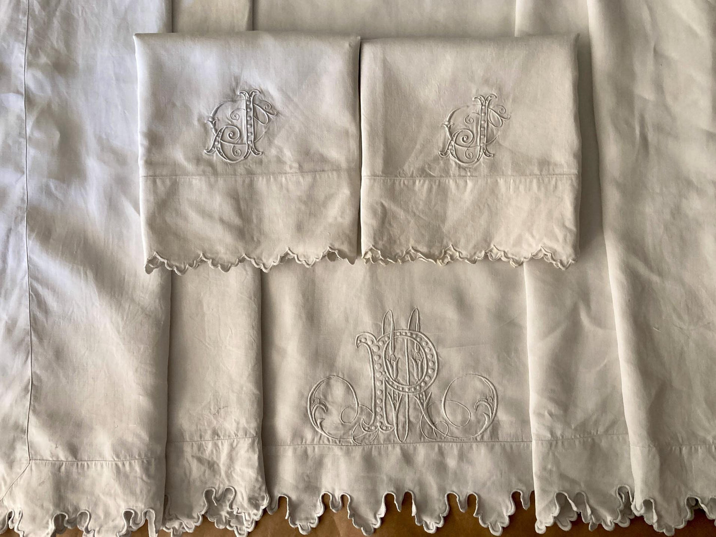 Antique French King Size Linen Bedding Set Hand Embroidered Whitework Richelieu Bridal Trousseau Linen