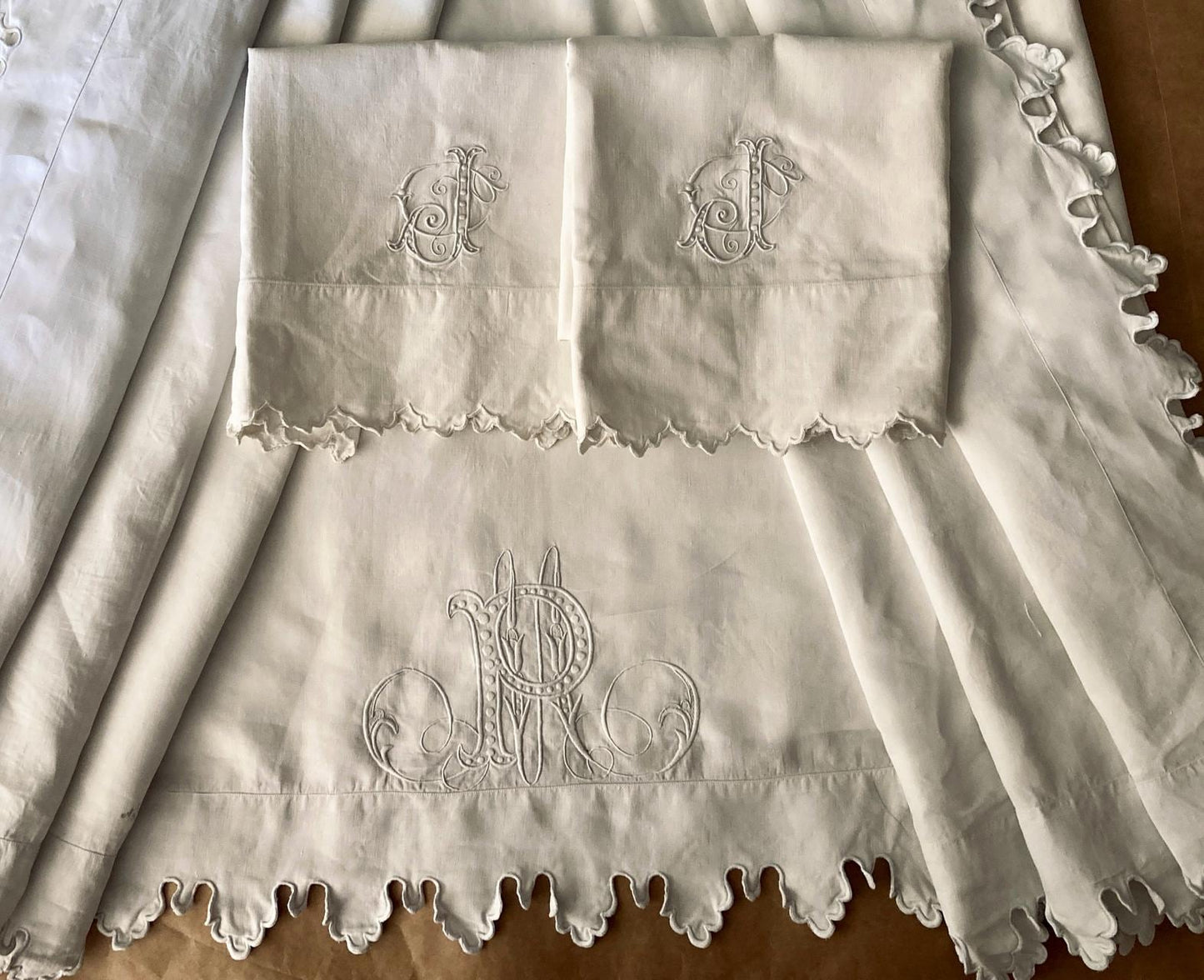 Antique French King Size Linen Bedding Set Hand Embroidered Whitework Richelieu Bridal Trousseau Linen