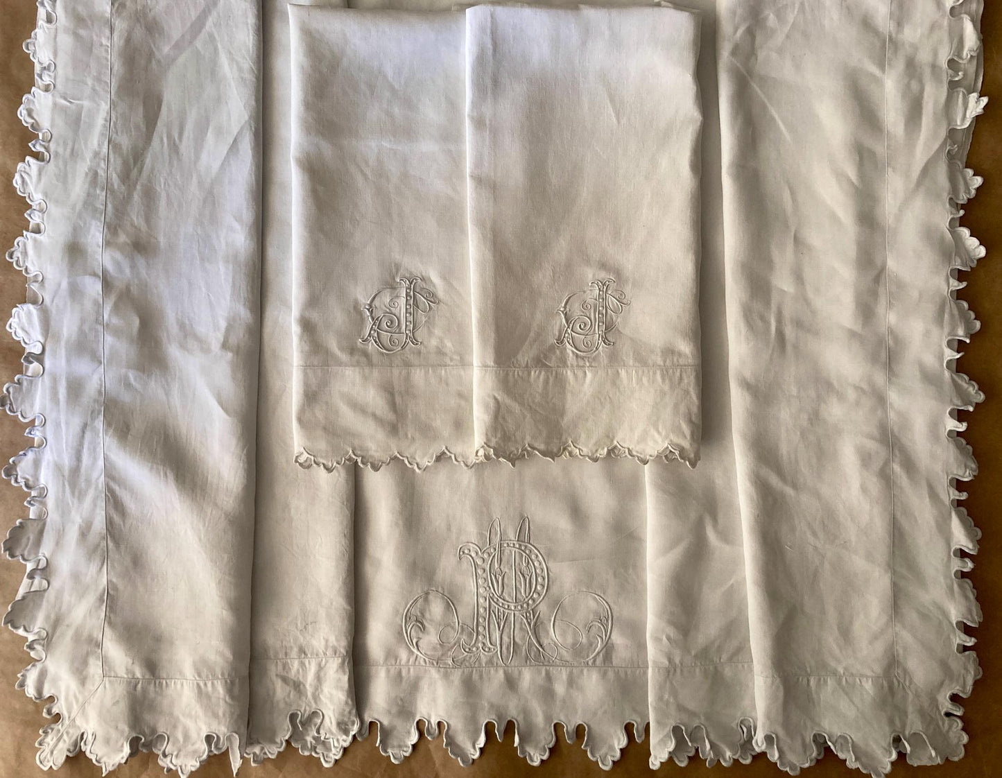 Antique French King Size Linen Bedding Set Hand Embroidered Whitework Richelieu Bridal Trousseau Linen
