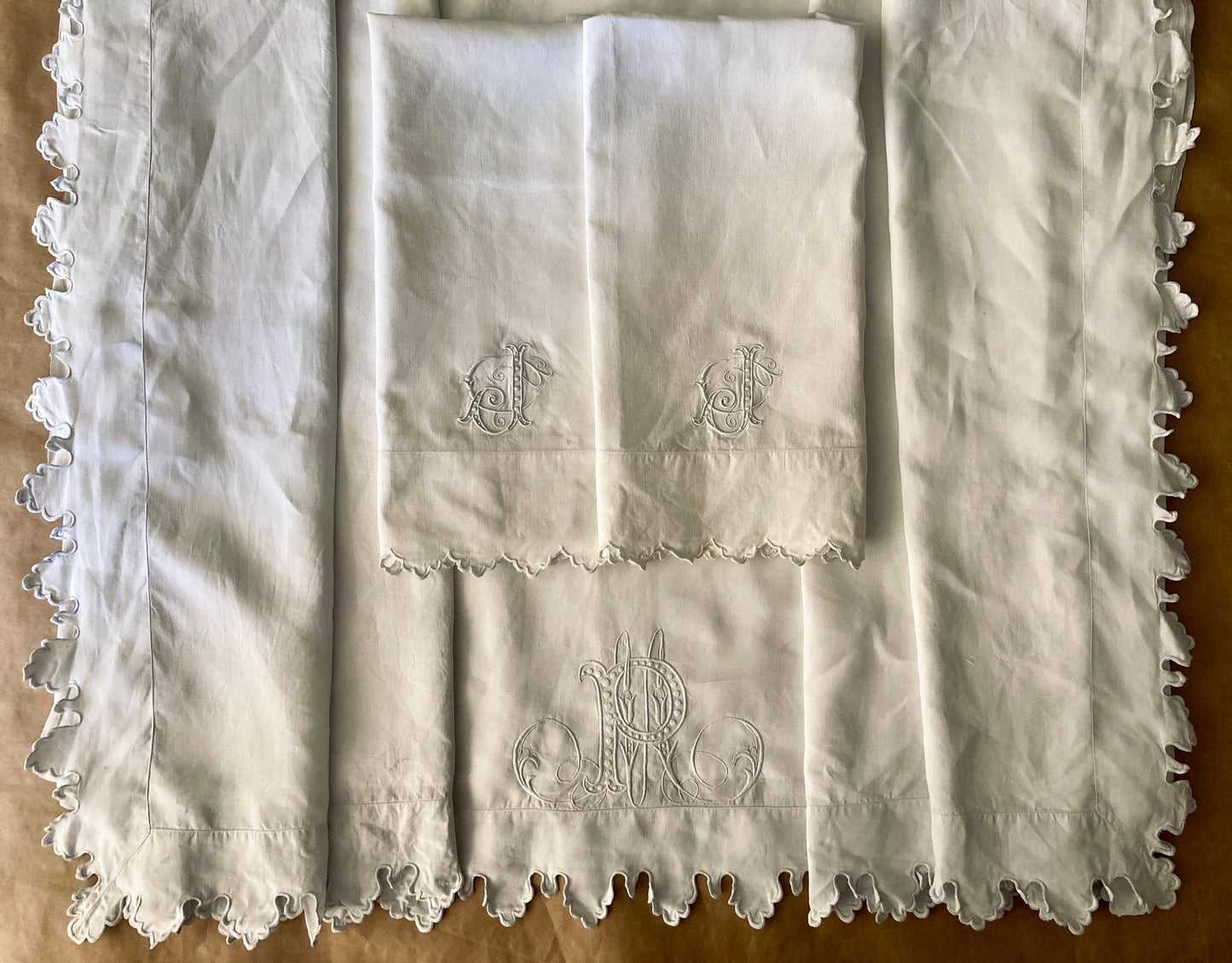 Antique French King Size Linen Bedding Set Hand Embroidered Whitework Richelieu Bridal Trousseau Linen
