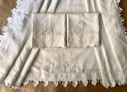 Antique French King Size Linen Bedding Set Hand Embroidered Whitework Richelieu Bridal Trousseau Linen