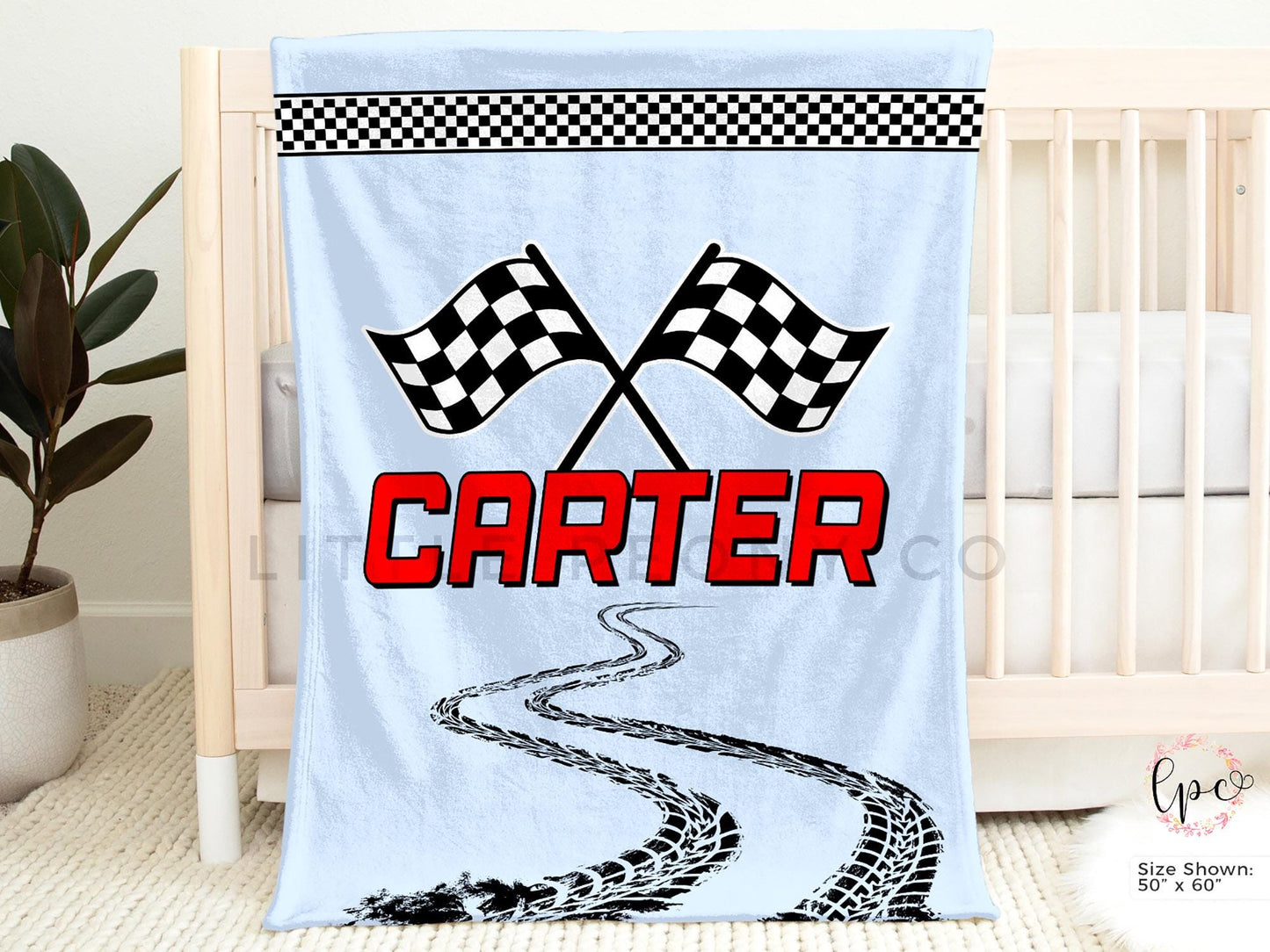 Personalized Race Car Blanket - Racecar Baby Blanket - Custom Checker Flag Racing Blanket - Custom Car Racing Blanket - Race Car Nursery