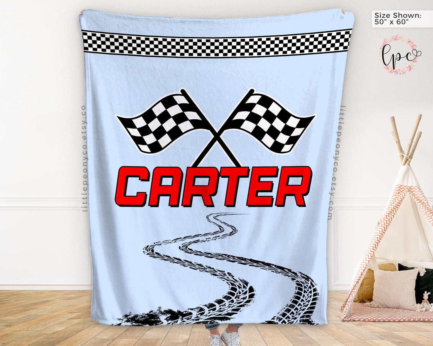 Personalized Race Car Blanket - Racecar Baby Blanket - Custom Checker Flag Racing Blanket - Custom Car Racing Blanket - Race Car Nursery