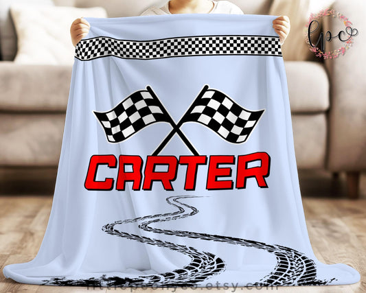 Personalized Race Car Blanket - Racecar Baby Blanket - Custom Checker Flag Racing Blanket - Custom Car Racing Blanket - Race Car Nursery