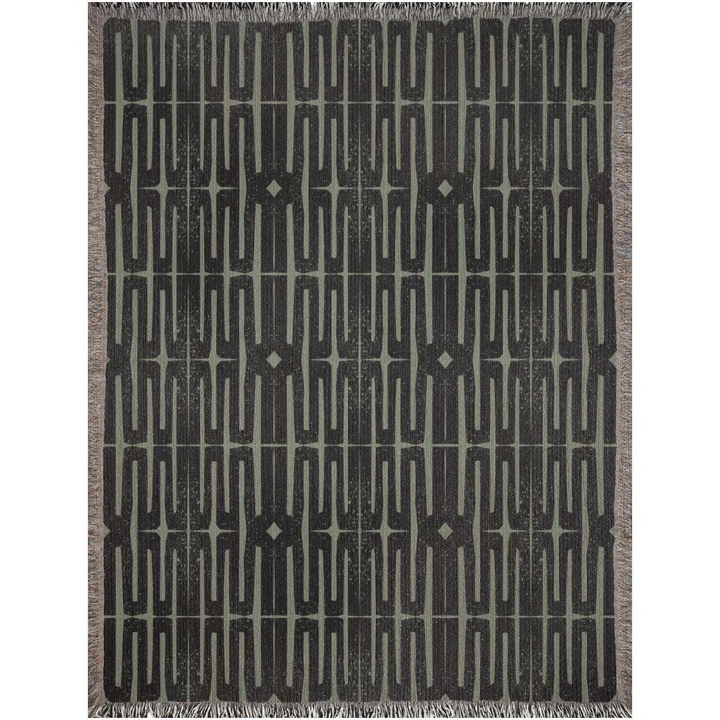 Olive Green & Charcoal Woven Throw Blanket – Modern Geometric Design