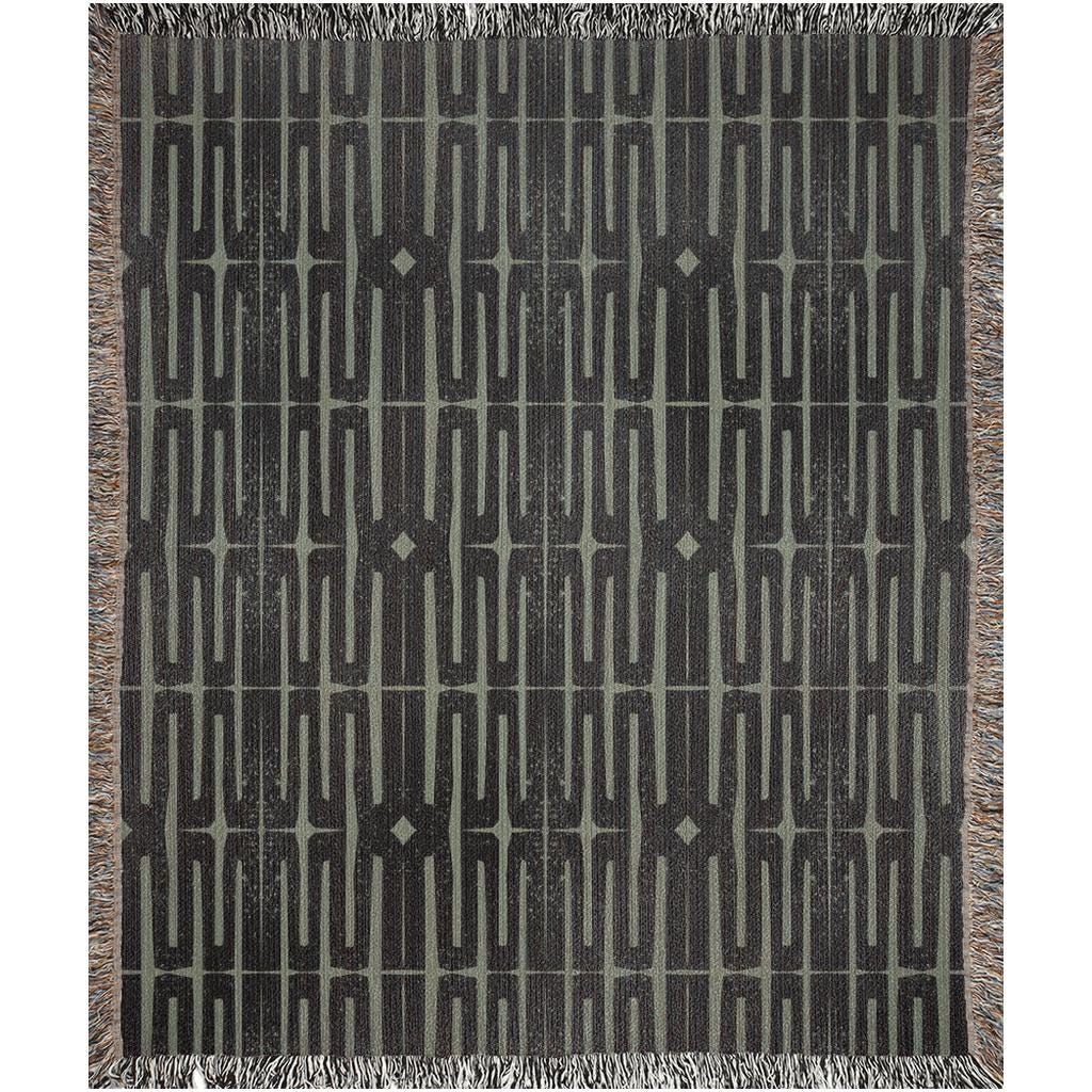 Olive Green & Charcoal Woven Throw Blanket – Modern Geometric Design