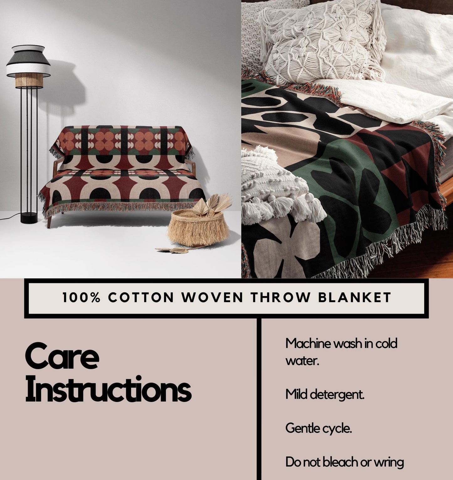 Olive Green & Charcoal Woven Throw Blanket – Modern Geometric Design