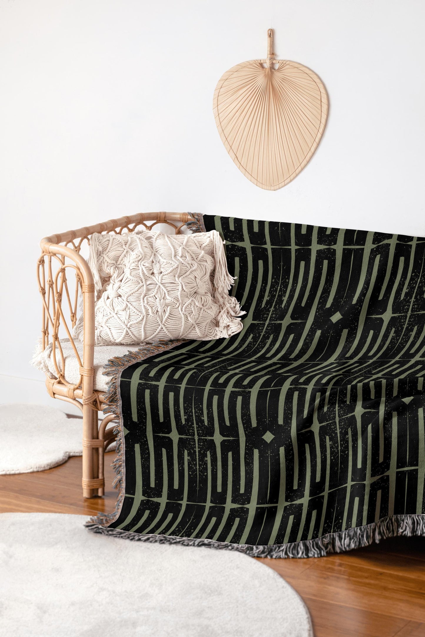 Olive Green & Charcoal Woven Throw Blanket – Modern Geometric Design