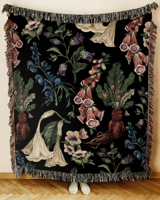 Poison Garden Woven Blanket-Gothic Plants Throw. Herbology Blanket-Belladonna, Datura, Wolfsbane, Mandrake. Halloween Gift