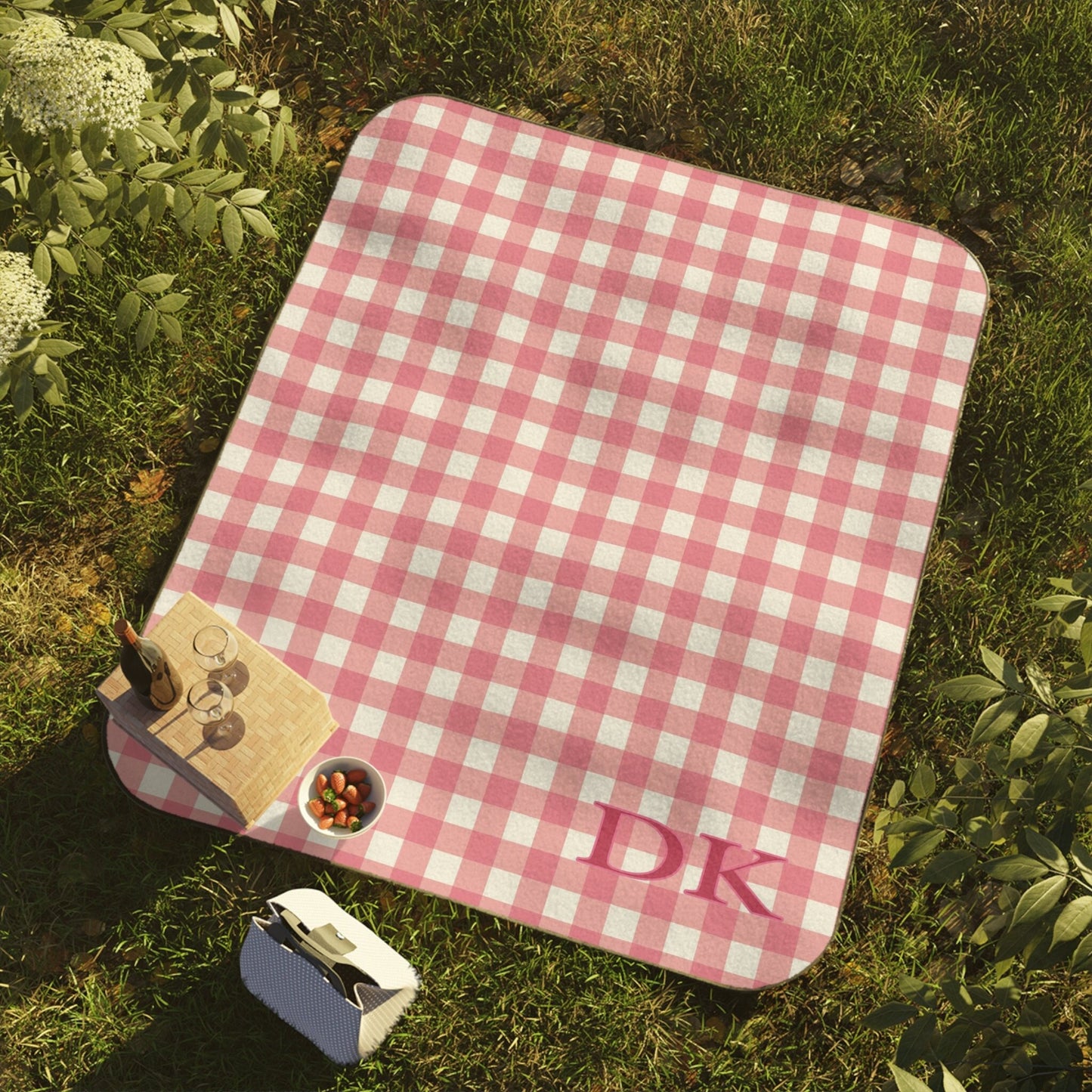 Pink Gingham Picnic Personalized Blanket Custom Monogramed Picnic Blanket, Country Cottage Gift for Mom, Custom Mother's Day Gift,