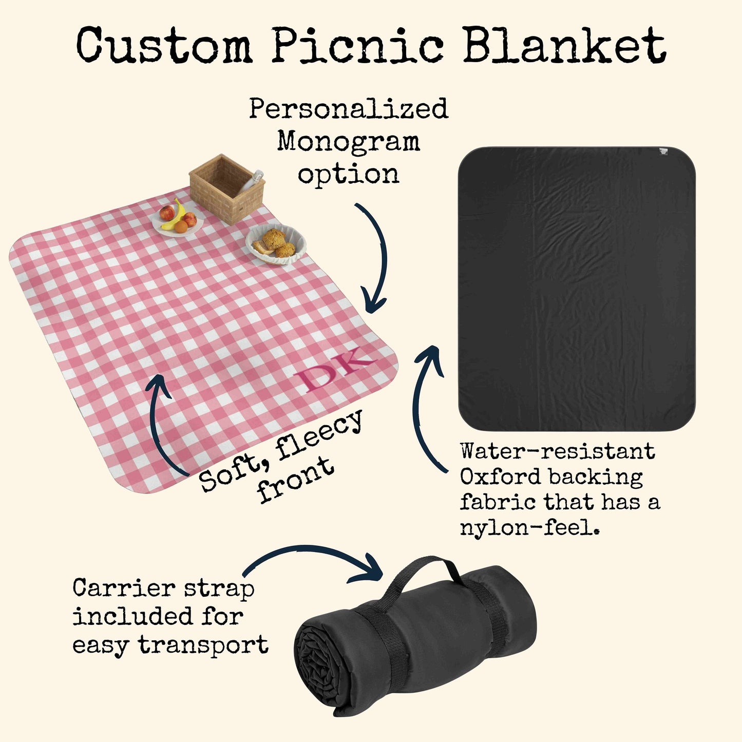 Pink Gingham Picnic Personalized Blanket Custom Monogramed Picnic Blanket, Country Cottage Gift for Mom, Custom Mother's Day Gift,
