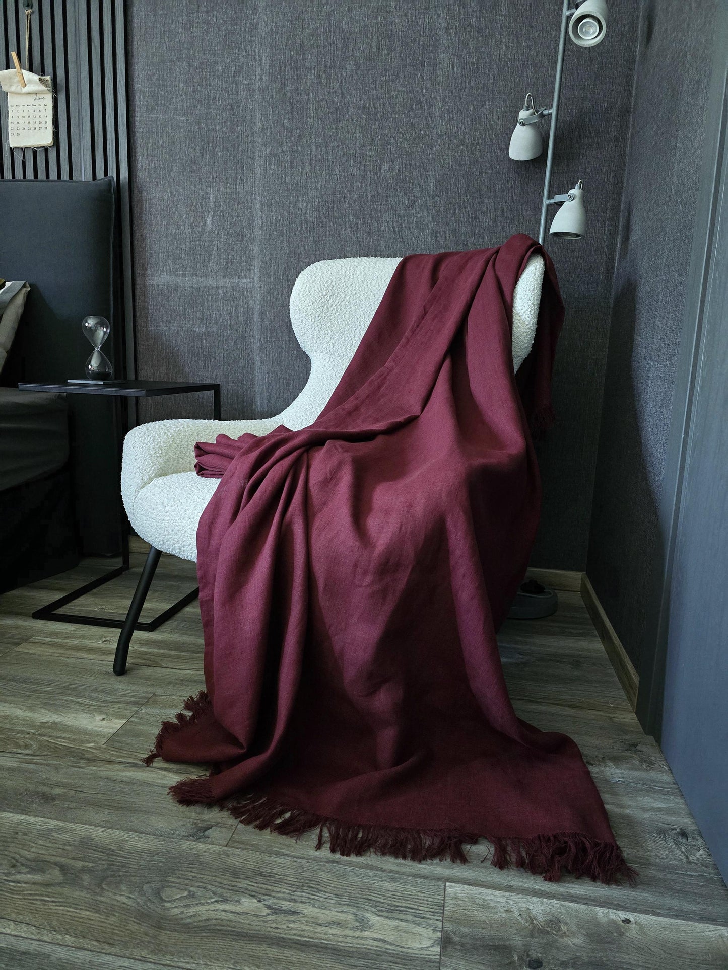 Burgundy Linen Throw Blanket, Heavyweight Softened Linen