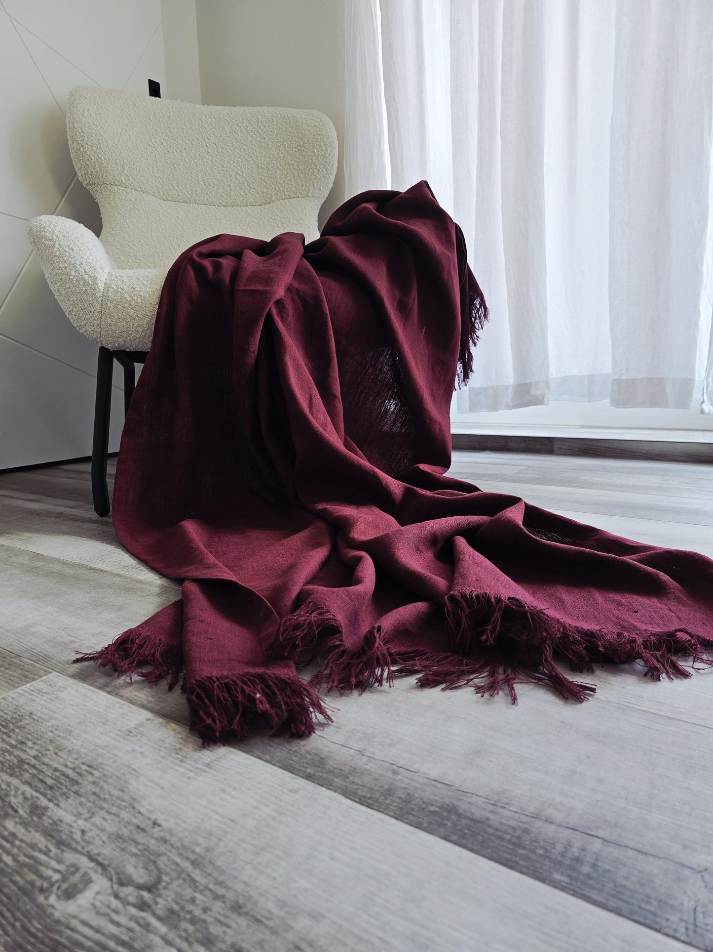 Burgundy Linen Throw Blanket, Heavyweight Softened Linen
