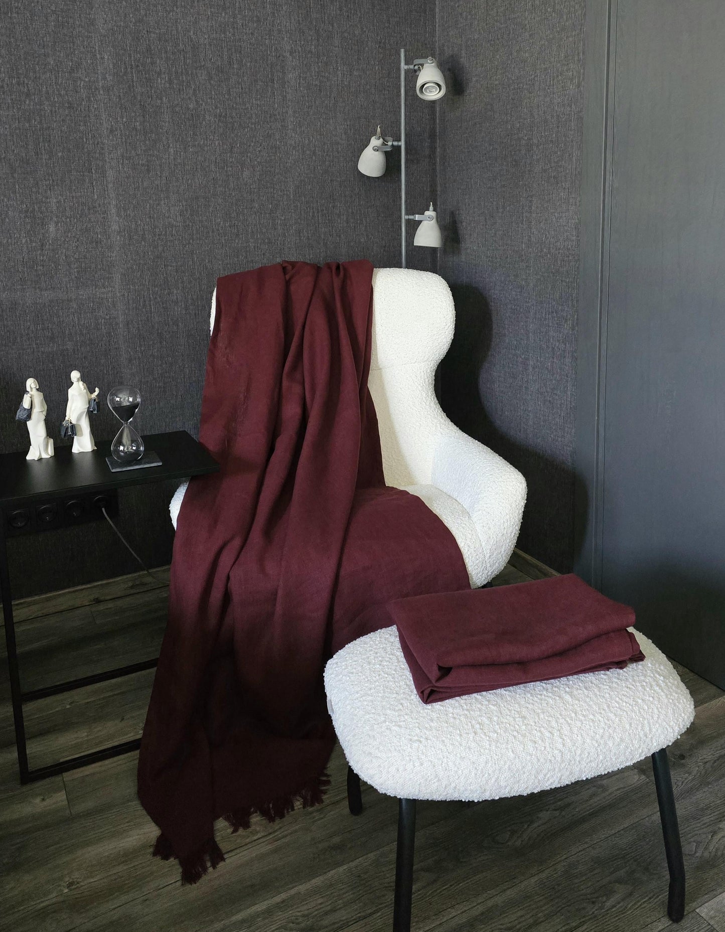Burgundy Linen Throw Blanket, Heavyweight Softened Linen