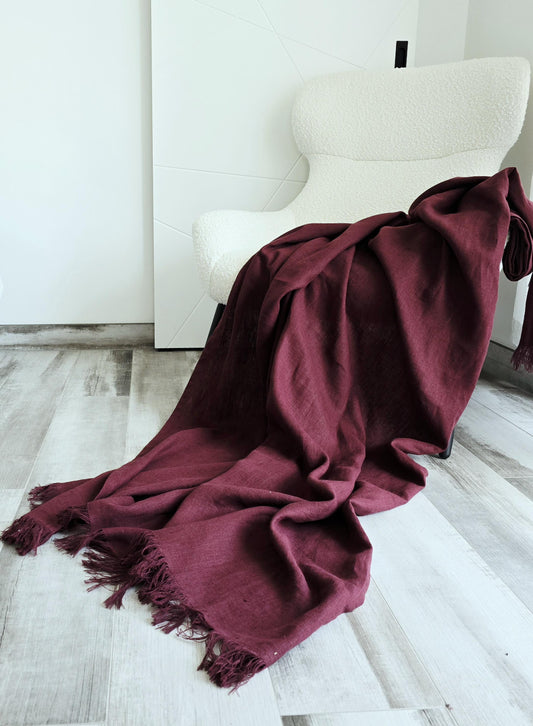 Burgundy Linen Throw Blanket, Heavyweight Softened Linen