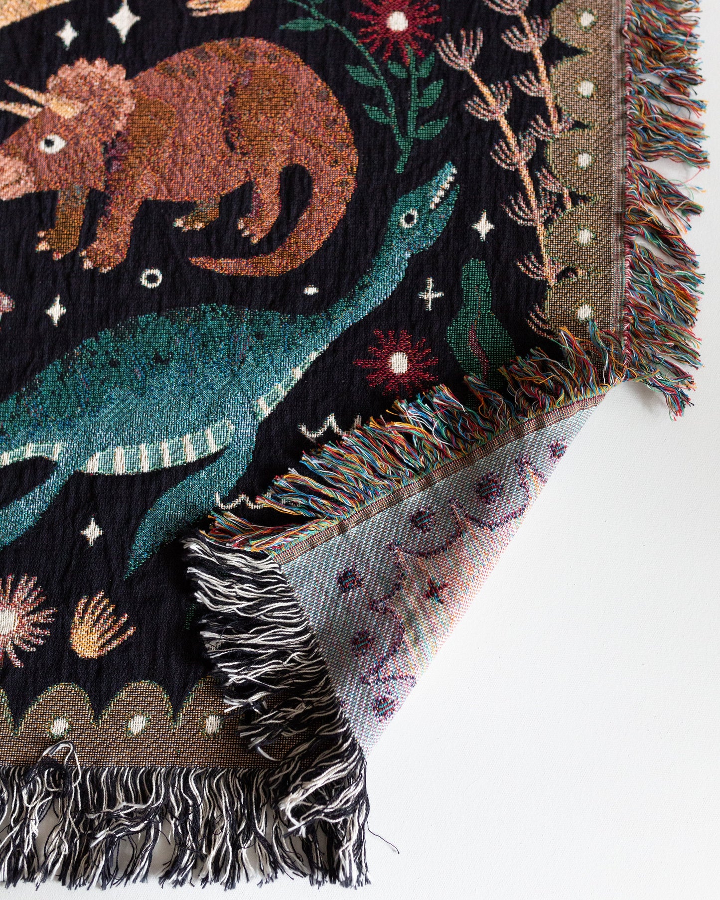 Dinosaur Blanket: Black Woven Throw, Cute Kawaii, Colorful Kids Teen Bedding, Nursery Bedroom, Triceratops Brachiosaurus, Unique Maximalist