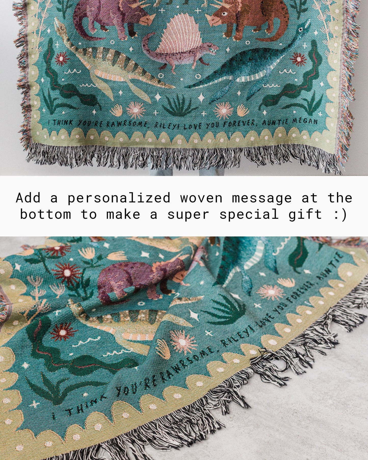 Dinosaur Blanket: Black Woven Throw, Cute Kawaii, Colorful Kids Teen Bedding, Nursery Bedroom, Triceratops Brachiosaurus, Unique Maximalist