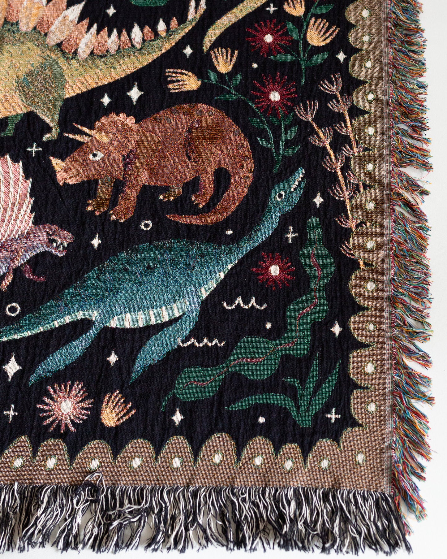 Dinosaur Blanket: Black Woven Throw, Cute Kawaii, Colorful Kids Teen Bedding, Nursery Bedroom, Triceratops Brachiosaurus, Unique Maximalist