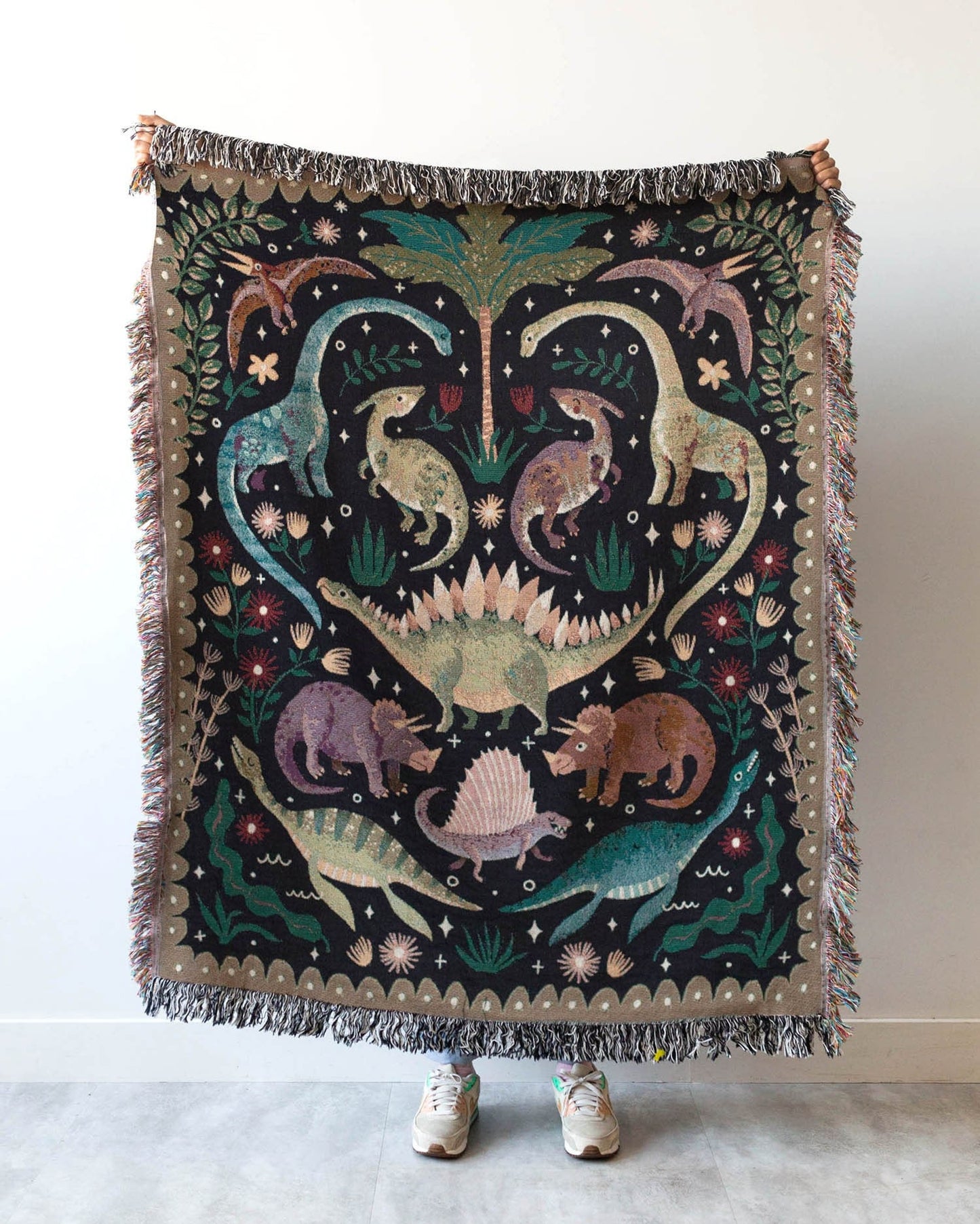 Dinosaur Blanket: Black Woven Throw, Cute Kawaii, Colorful Kids Teen Bedding, Nursery Bedroom, Triceratops Brachiosaurus, Unique Maximalist