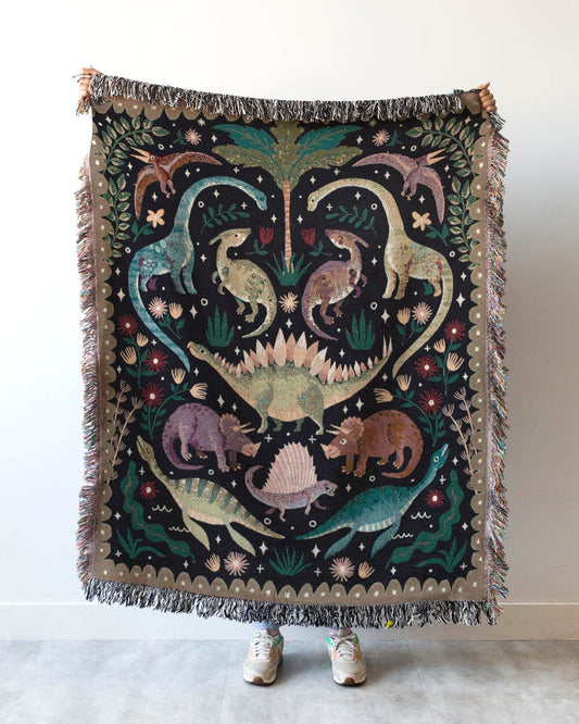Dinosaur Blanket: Black Woven Throw, Cute Kawaii, Colorful Kids Teen Bedding, Nursery Bedroom, Triceratops Brachiosaurus, Unique Maximalist