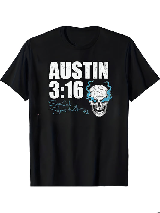 100%cottonMen's Retro Austin 3:16 Skull& Motorcycle Graphic T-Shirt | Vintage-Hop Style Crew Neck Tee with Blue Flame& Smoke Design, Motorcycle T-Shirt, All-Season Wear, Unisex Casual Crew Neck Tee
