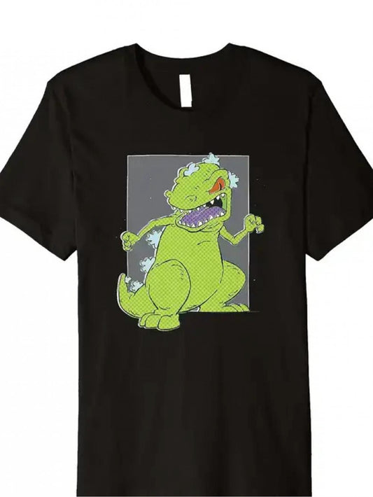 Men'S Black T-Shirt Featuring Reptar Square with a Green T-Rex And Reptar Logo Graphic, Made with Durable Digital Heat Transfer Print, Designed for a Regular Fit with Short Sleeves, Suitable for Gaming And Casual Wear