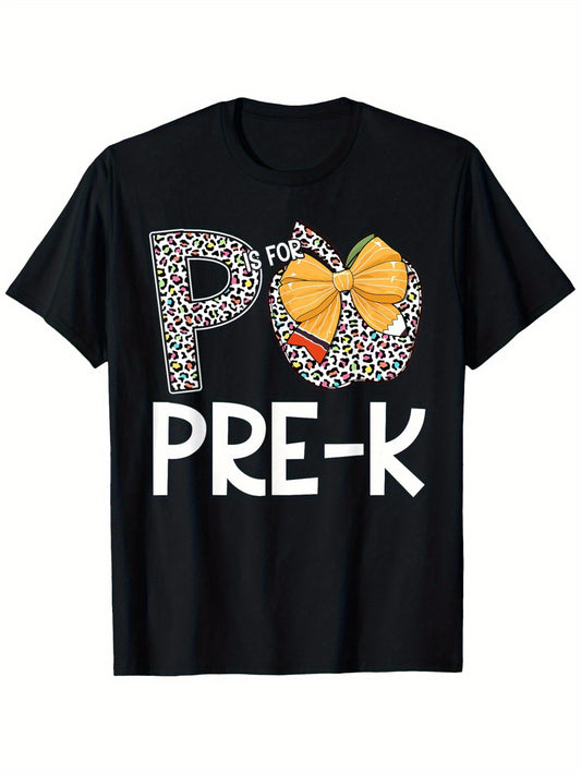 P Is for Pre-K Teacher Leopard Apple Back to School T-Shirt Round Neck Cotton Black T-Shirt for Women Men Short Sleeve T-Shirt Shirts Men Women T-Shirts