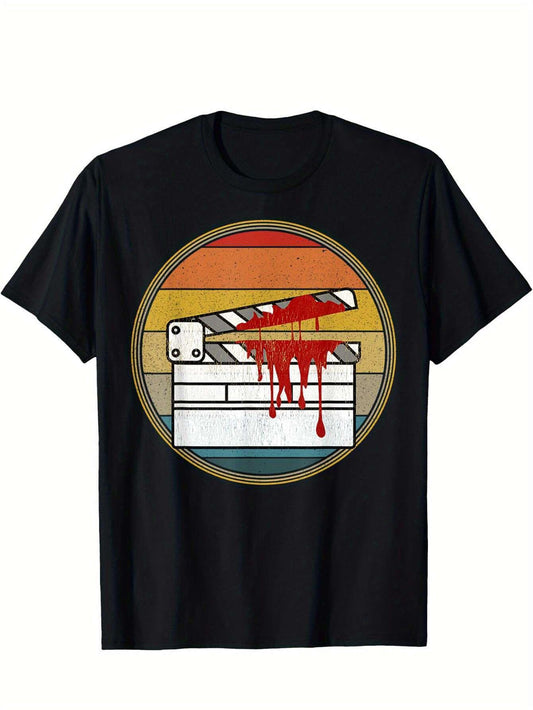 Horror Clap Board Distressed Vintage T-Shirt Selected Pure Cotton Interesting Design DIY Short Sleeve T-shirt for Men, Soft and Breathable, Suitable for All Seasons, Comfortable, Casual and Sports