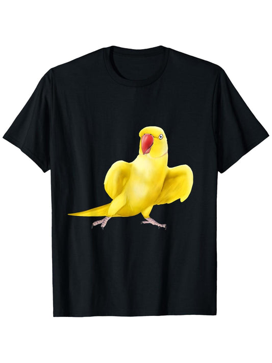 Men's & Women's Yellow Indian Ringneck Parrot T-Shirt - 100% Cotton Soft Breathable Black Casual Shirt with IR Bird Design, S-XXXL Sizes (Unisex) - Perfect Gift for Bird Lovers, Year-Round Comfortable Casual Attire