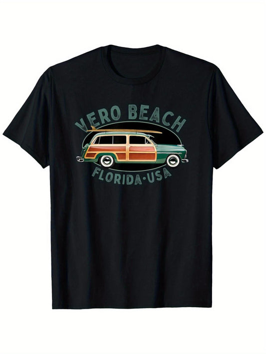Classic VERO BEACH T-Shirt - Retro 1960S Surf & Station Wagon Design in Green, Cream & Black - Comfortable Crew Neck Casual Shirt for Both Men And Women - Ideal for Florida Beach Getaways