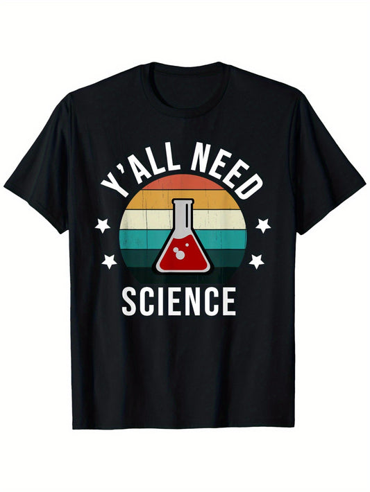 Retro "Y'All Need Science" Vintage Lab Beaker Graphic T-Shirt - 100% Cotton 220gsm Heavyweight Unisex Tee for Men & Women, Casual Outdoor & Casual Attire, All-Season Comfort, Sizes S-XXXL, Retro T Shirt