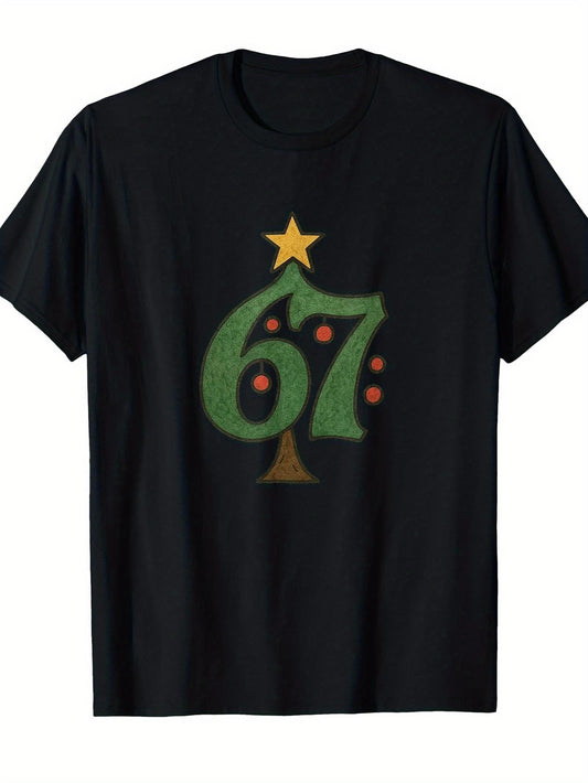 Funny 1967 Birth Year T-Shirt for men & women - Number 67 Graphic with Christmas Tree & Snowflake Design - Humorous 67th Gift Idea, Casual Round Neck Short Sleeve Tee for 1967 Birthdays, Parties & Daily Wear