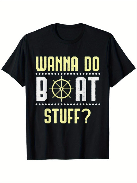 Heavyweight 180gsm Wanna Do for boat Stuff T-Shirt - Nautical for boat Wheel & Anchor Graphic Tee in Black with Yellow Print, Unisex Adult Casual Short Sleeve Crewneck Top for Boating, Beach, Vacations - Ideal Gift for Boat Lovers( Sizes S-XXXL) - M